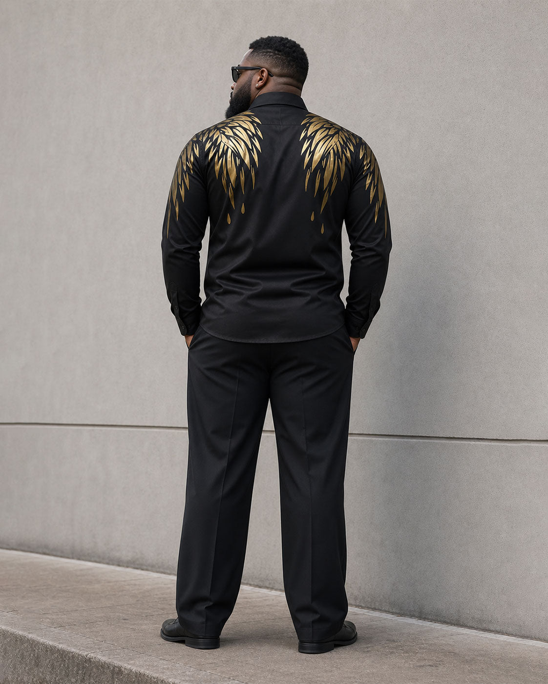 Big & Tall Men's Golden Wings Positioning Printing Business Fashion Long Sleeve Shirt Pants Set