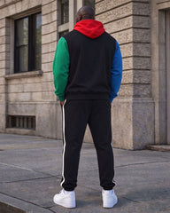 Large Size Men's Autumn And Winter Warm Sleeve Hat Contrast Printed Hoodie Sweatpants Set