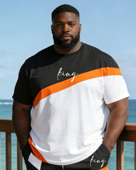 Large Size Men's Irregular Geometric Stitching Chest "king" Printed Short Sleeve T-shirt Shorts Set