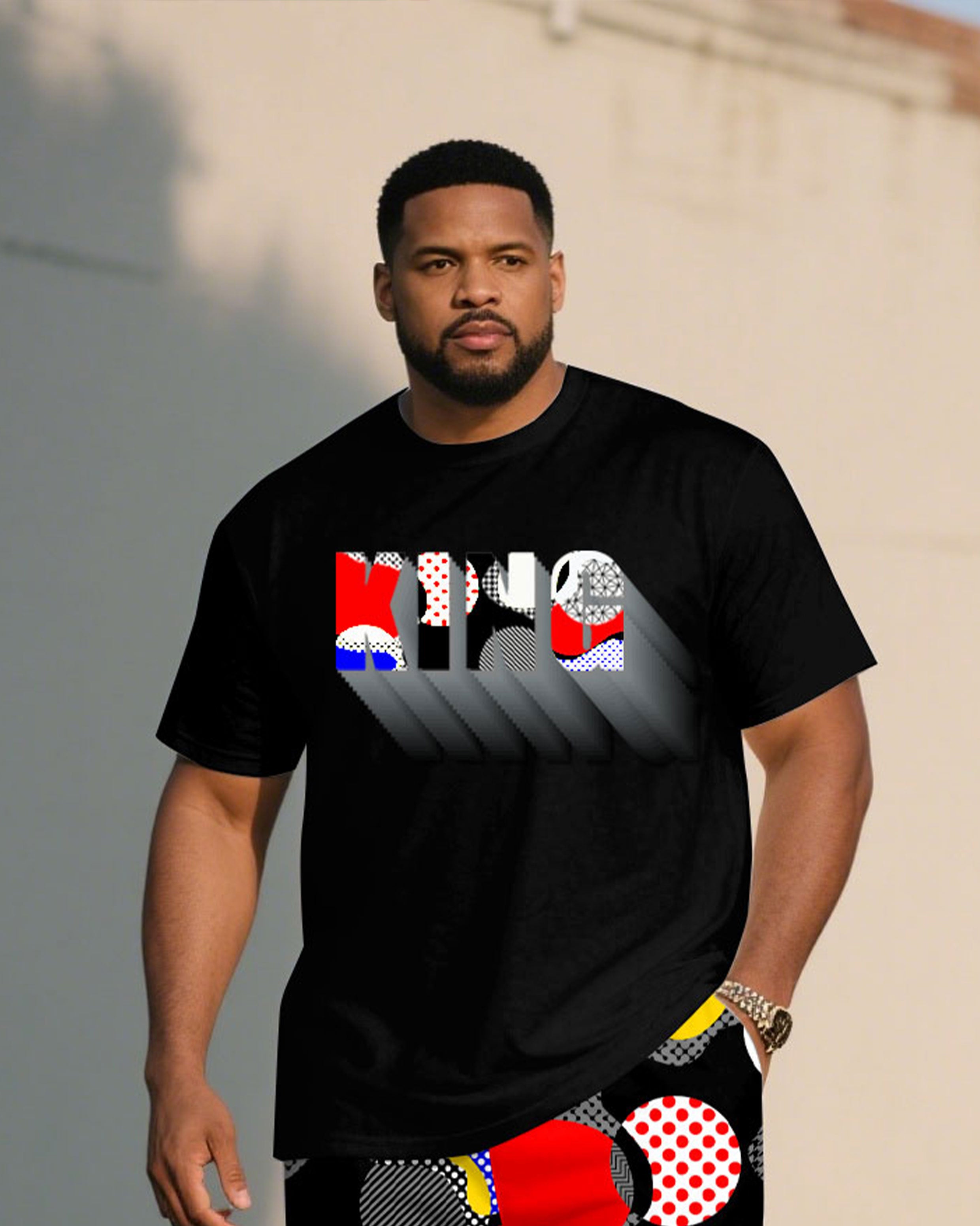 Big & Tall Men' Fashion Street Irregular Color Geometric Short Sleeve T-shirt Shorts Set