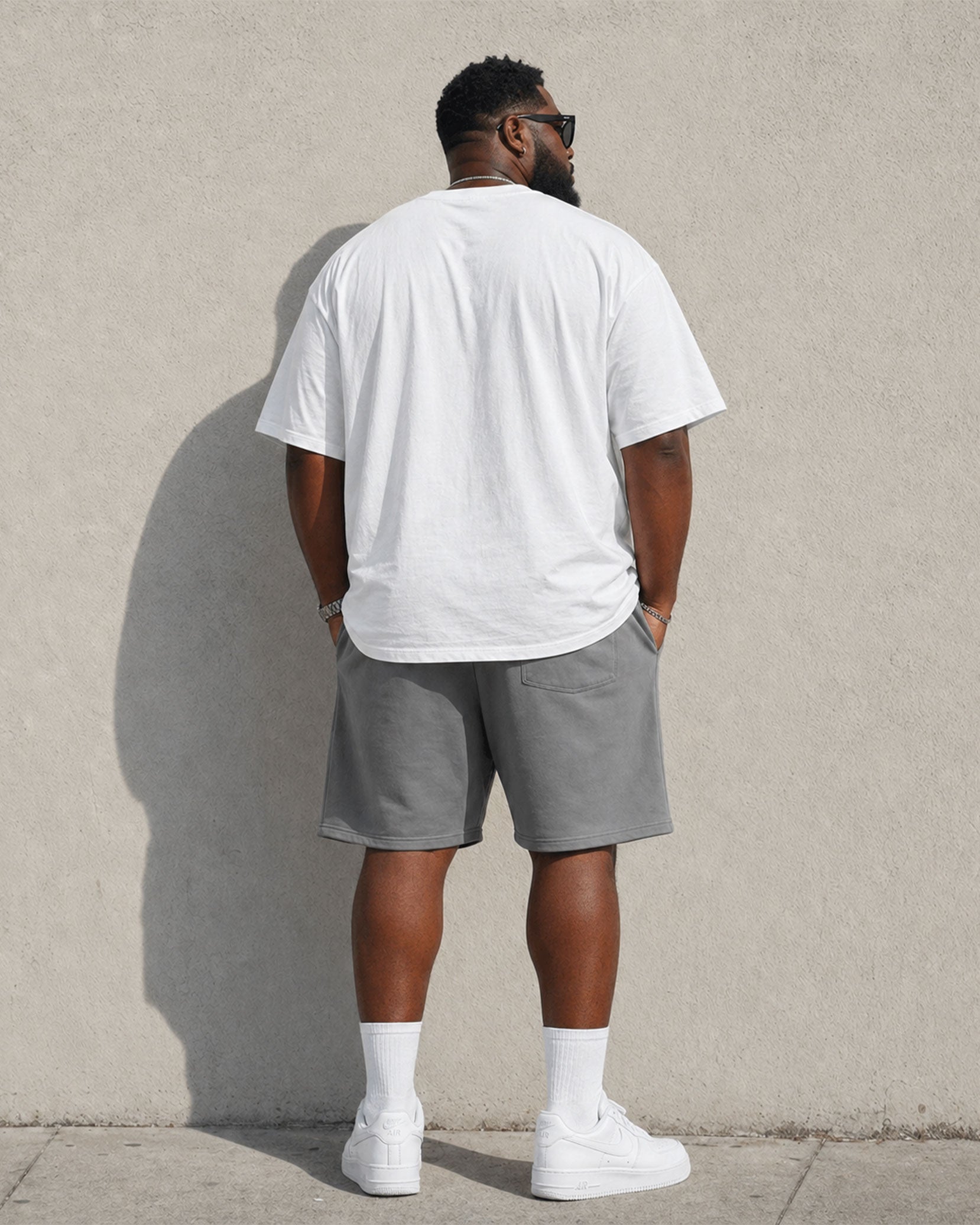 Big & Tall Men's Fashion Street Simple Chest Rose Printed White & Grey Matching T-Shirt Shorts Set