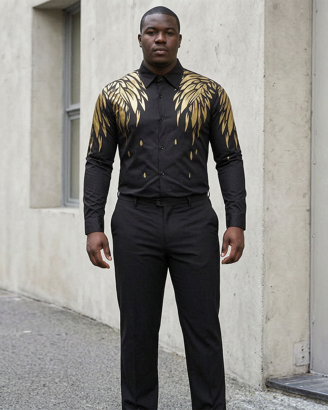 Big & Tall Men's Golden Wings Positioning Printing Business Fashion Long Sleeve Shirt Pants Set