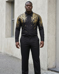 Big & Tall Men's Golden Wings Positioning Printing Business Fashion Long Sleeve Shirt Pants Set