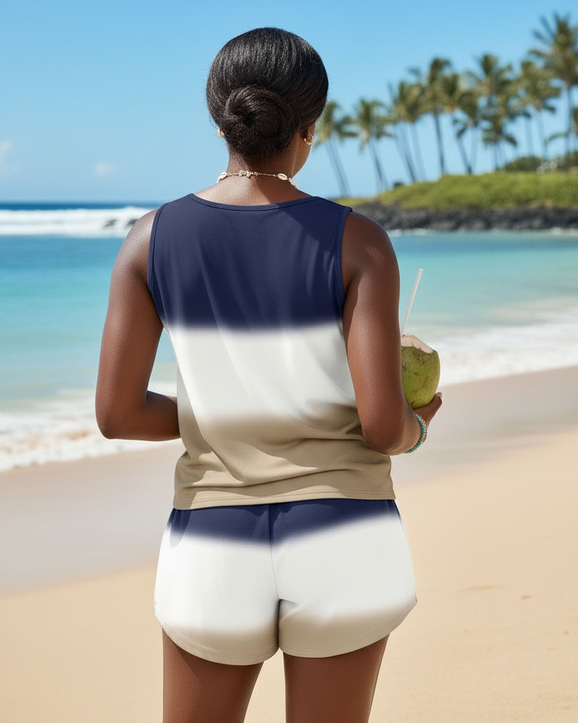 Summer Beach Vacation Simple Contrasting Color Blue & White & Khaki Plus-Size Women’s Tank Top And Shorts Set