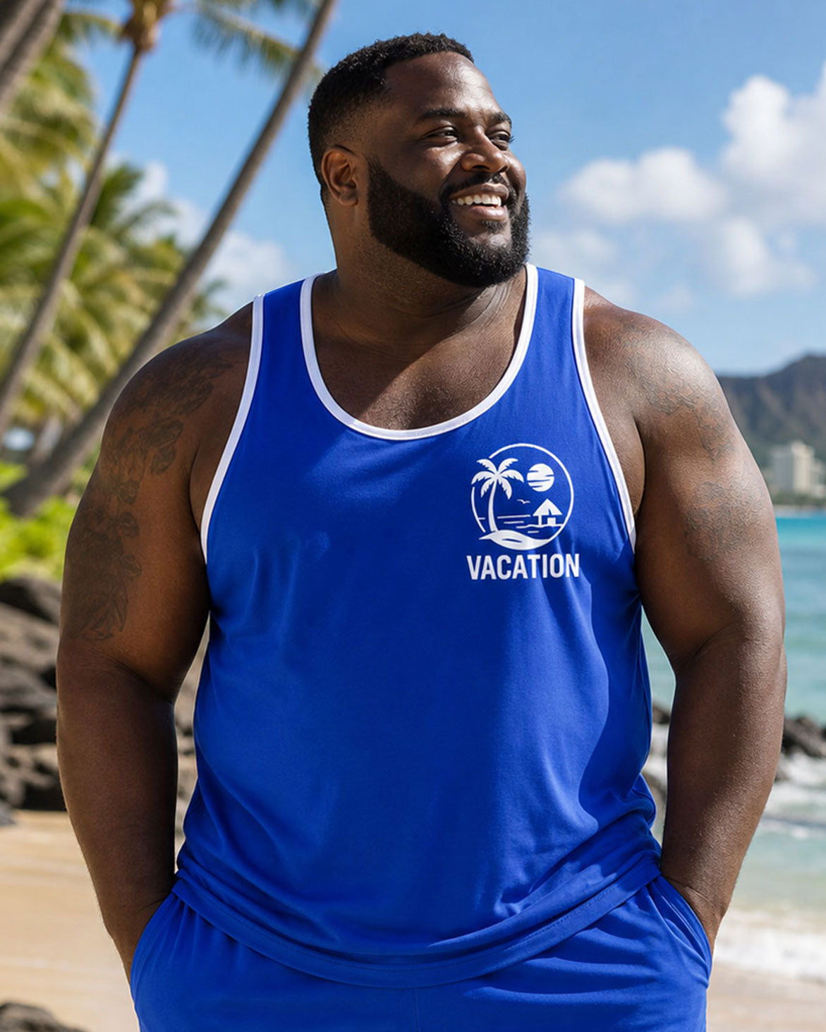 Big & Tall Men's Hawaii Vacation Leisure Daily Travel Sports Blue Vest Shorts Set