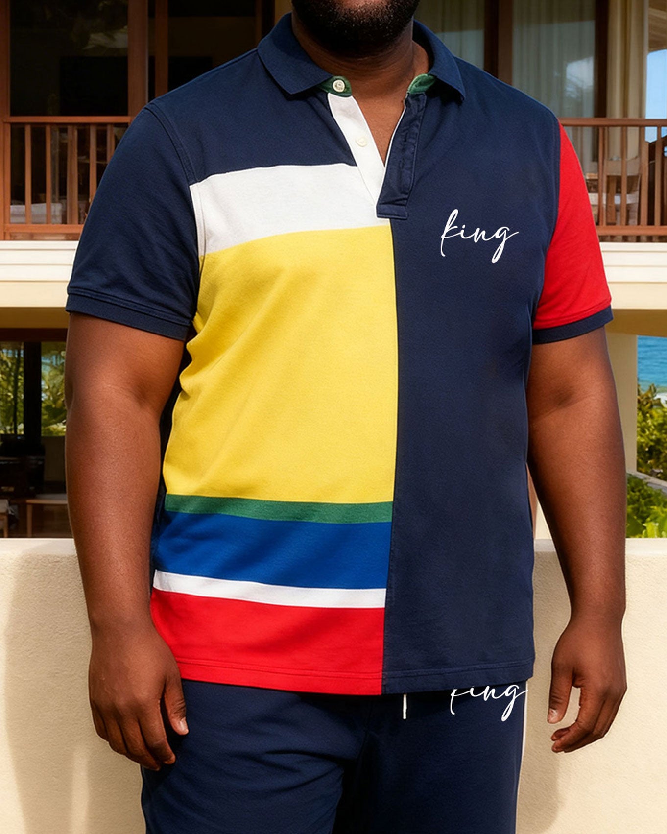 Big & Tall Men's Hawaiian Casual Everyday Vacation Irregular Color-Block Polo Shirt And Shorts Set