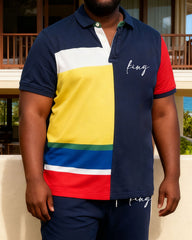 Big & Tall Men's Hawaiian Casual Everyday Vacation Irregular Color-Block Polo Shirt And Shorts Set