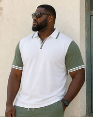 Big & Tall Men's Green & White Collar Sleeve Feature Patchwork POLO Shirt Short Sleeve Shorts Set