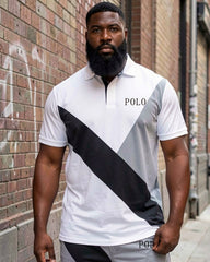 Big & Tall Men' Casual Daily White Irregular Stitching Short Sleeve POLO Shirt Shorts Set