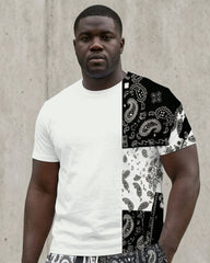 Big & Tall Men' Paisley Stitching Casual Short Sleeve T-Shirt Shorts Set