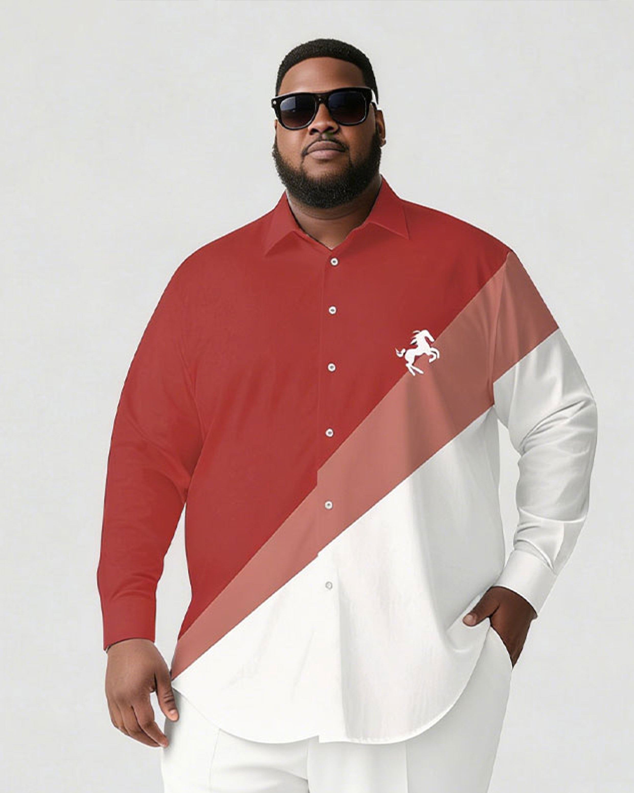 Men's Plus Size Casual Simple White & Black Pony Mark Printed Chest Long Sleeve Shirt Trousers Business Casual Suit