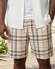 Big & Tall Men's Khaki Check Chest Patch Pocket Features Stitching Button Short Sleeve Shirt Shorts Set