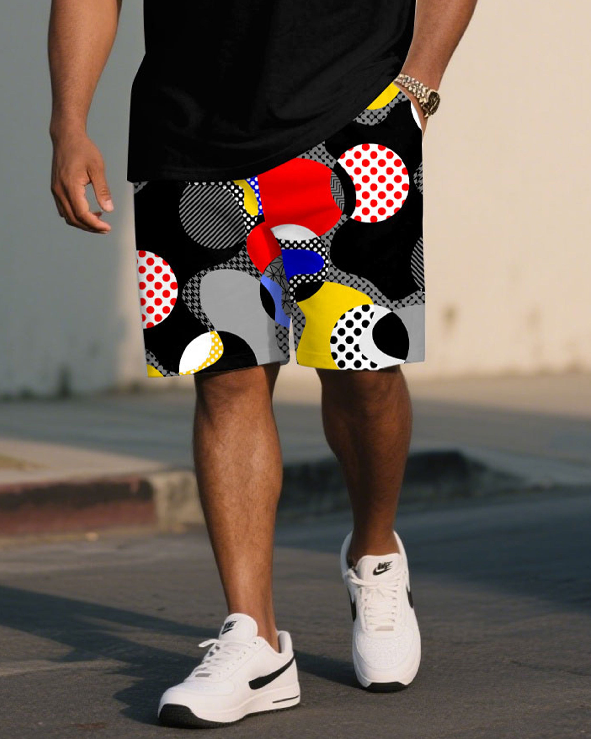 Big & Tall Men' Fashion Street Irregular Color Geometric Short Sleeve T-shirt Shorts Set