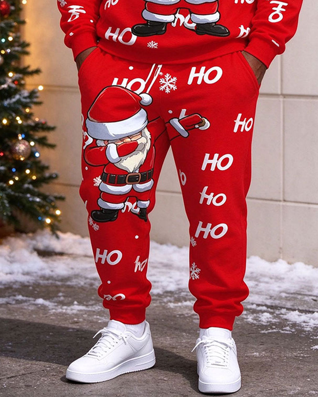 Large Size Men's Autumn And Winter Warm Red Funny Santa Merry Christmas Printed Hoodie Sweatpants Set