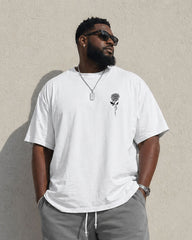 Big & Tall Men's Fashion Street Simple Chest Rose Printed White & Grey Matching T-Shirt Shorts Set