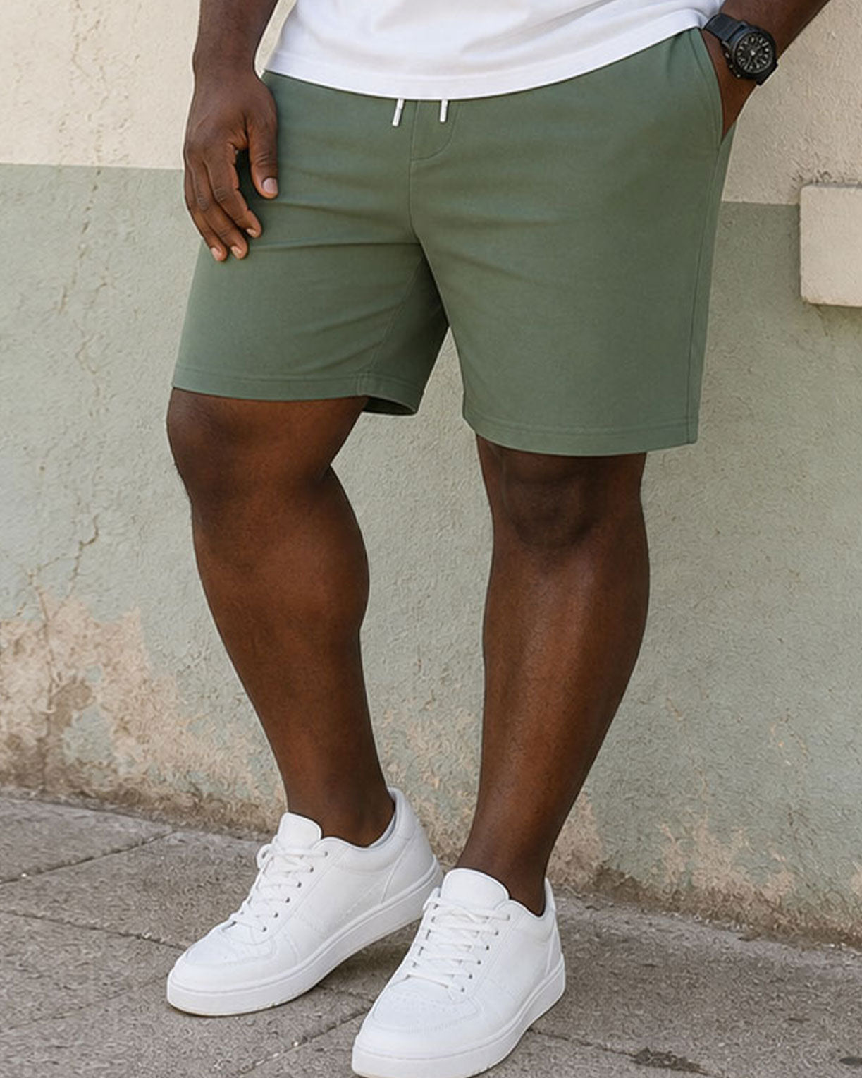 Big & Tall Men's Green & White Collar Sleeve Feature Patchwork POLO Shirt Short Sleeve Shorts Set