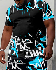 Big & Tall Men's Street Graffiti Black Short Sleeve T-Shirt Shorts Set