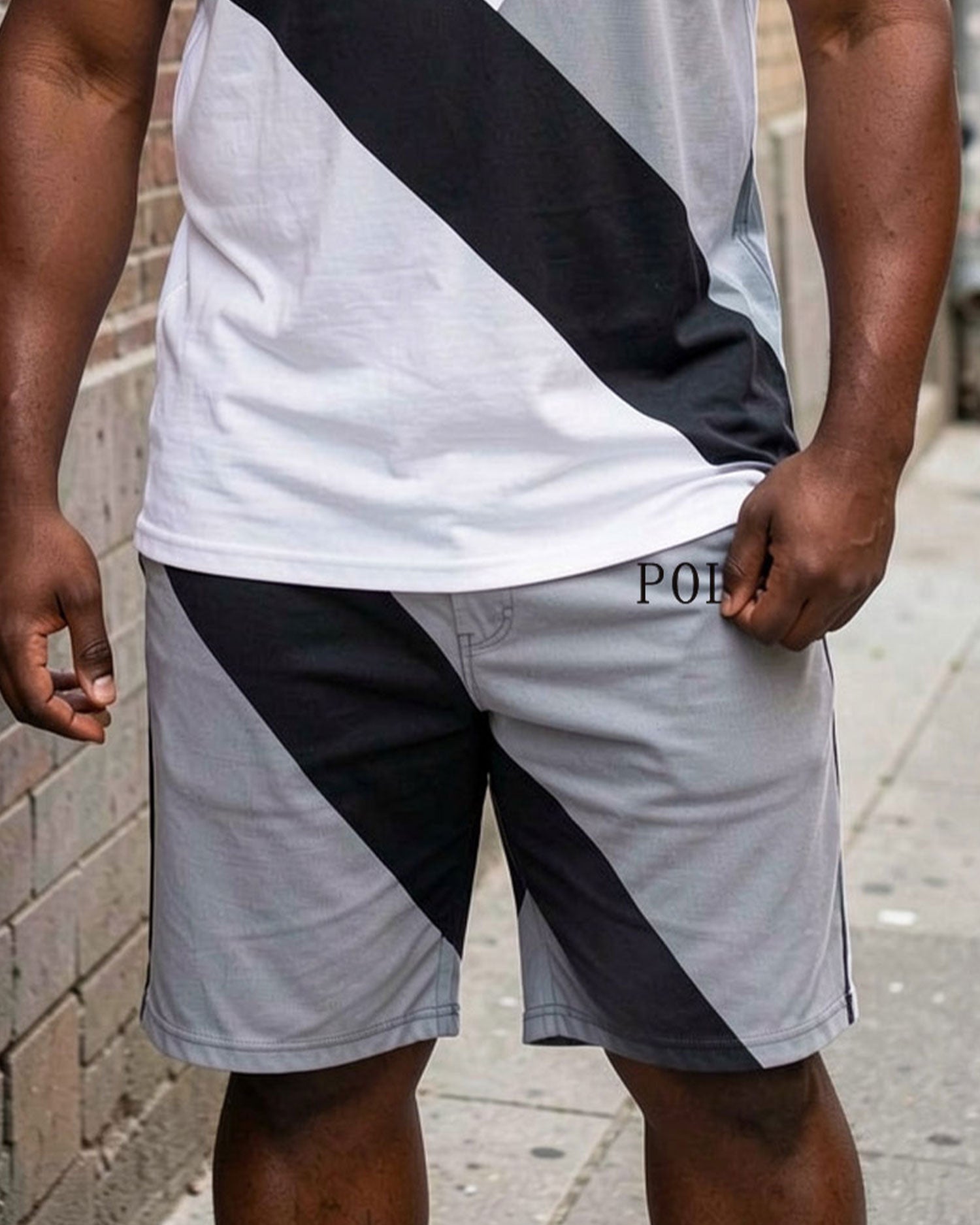 Big & Tall Men' Casual Daily White Irregular Stitching Short Sleeve POLO Shirt Shorts Set