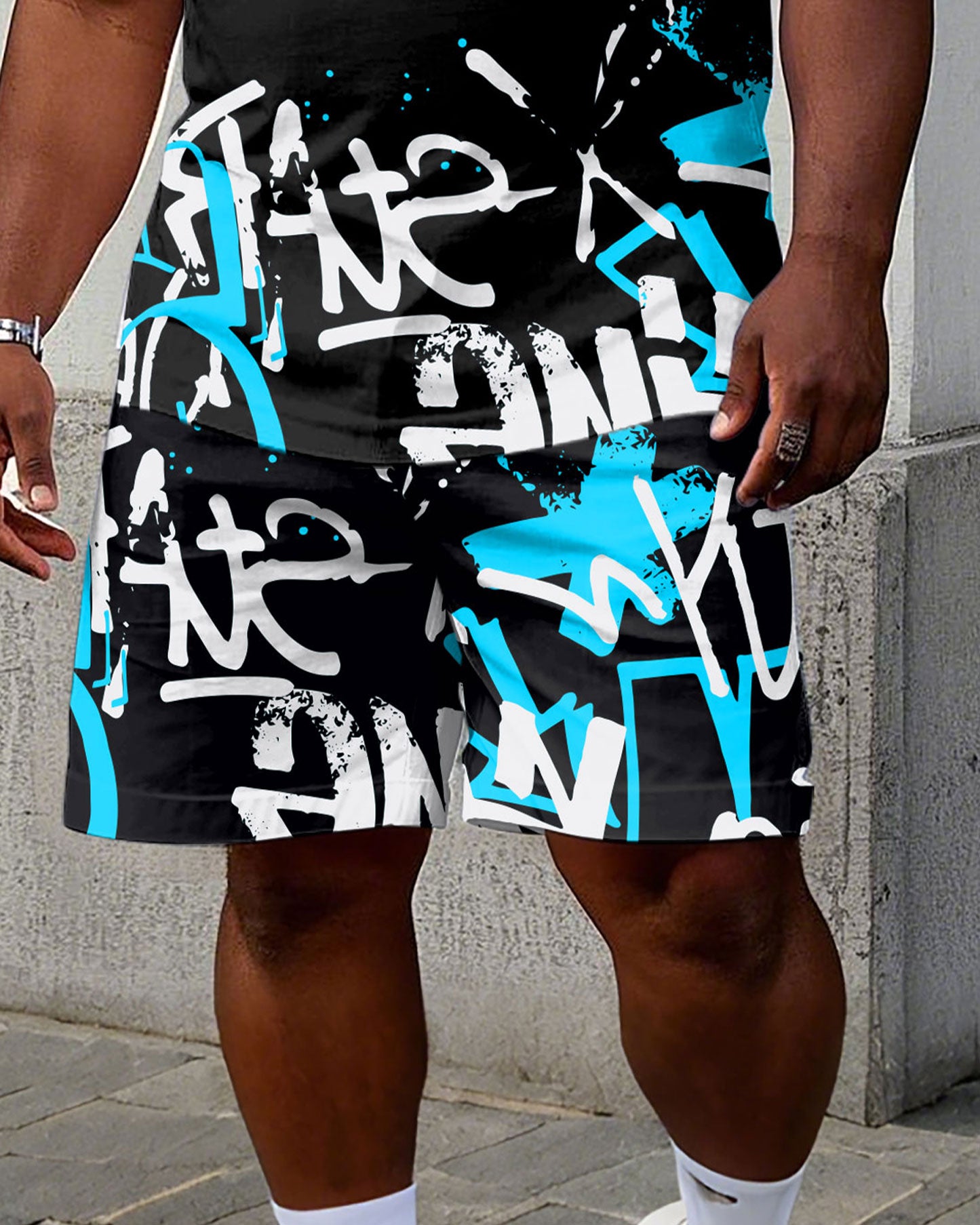 Big & Tall Men's Street Graffiti Black Short Sleeve T-Shirt Shorts Set