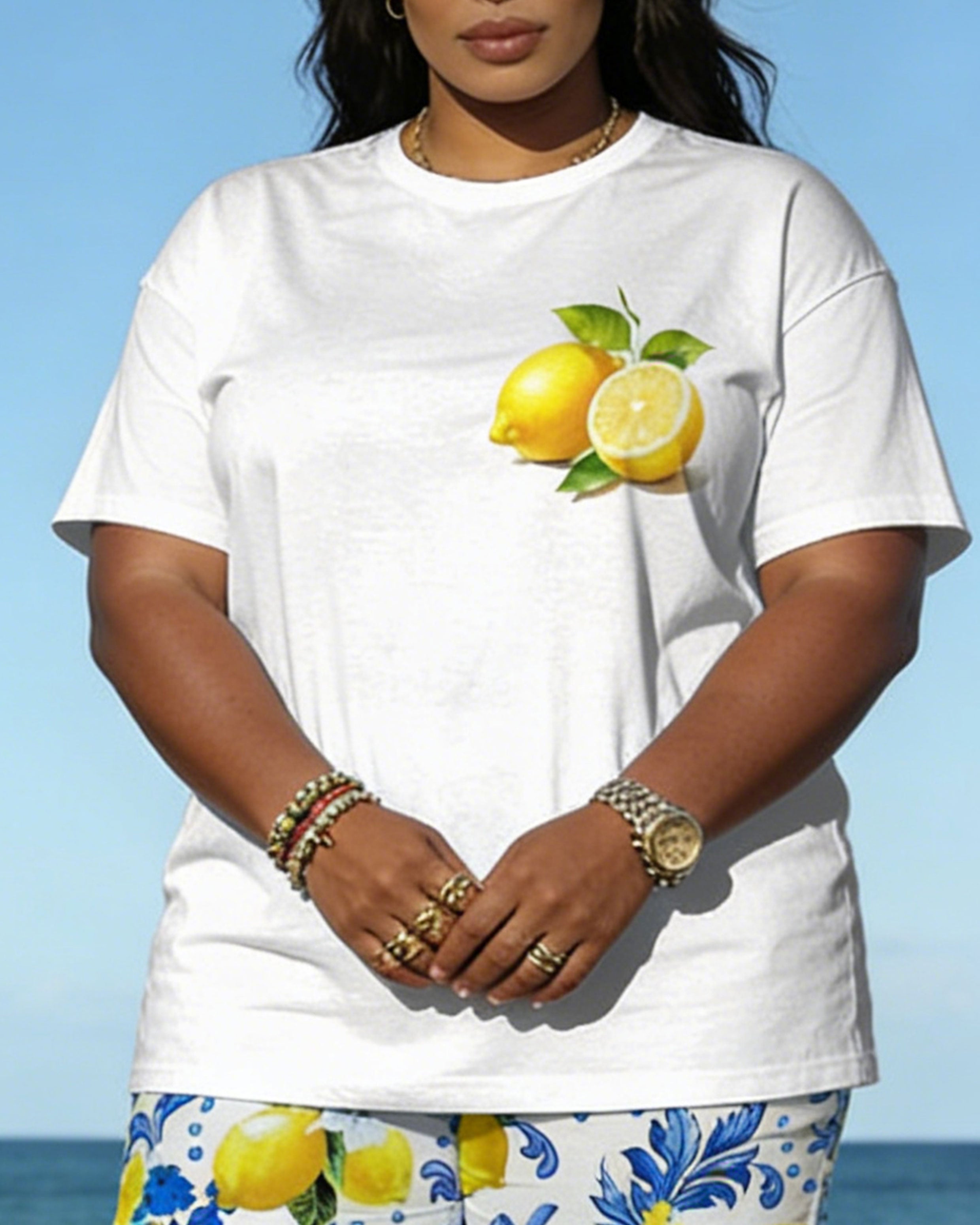 Big & Tall Spring And Summer New Valentine's Day Dating Party Party Vacation Lemon Sweet Love Print White Crewneck Short Sleeve T-Shirt Shorts Set Couple Dress