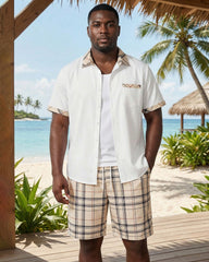 Big & Tall Men's Khaki Check Chest Patch Pocket Features Stitching Button Short Sleeve Shirt Shorts Set