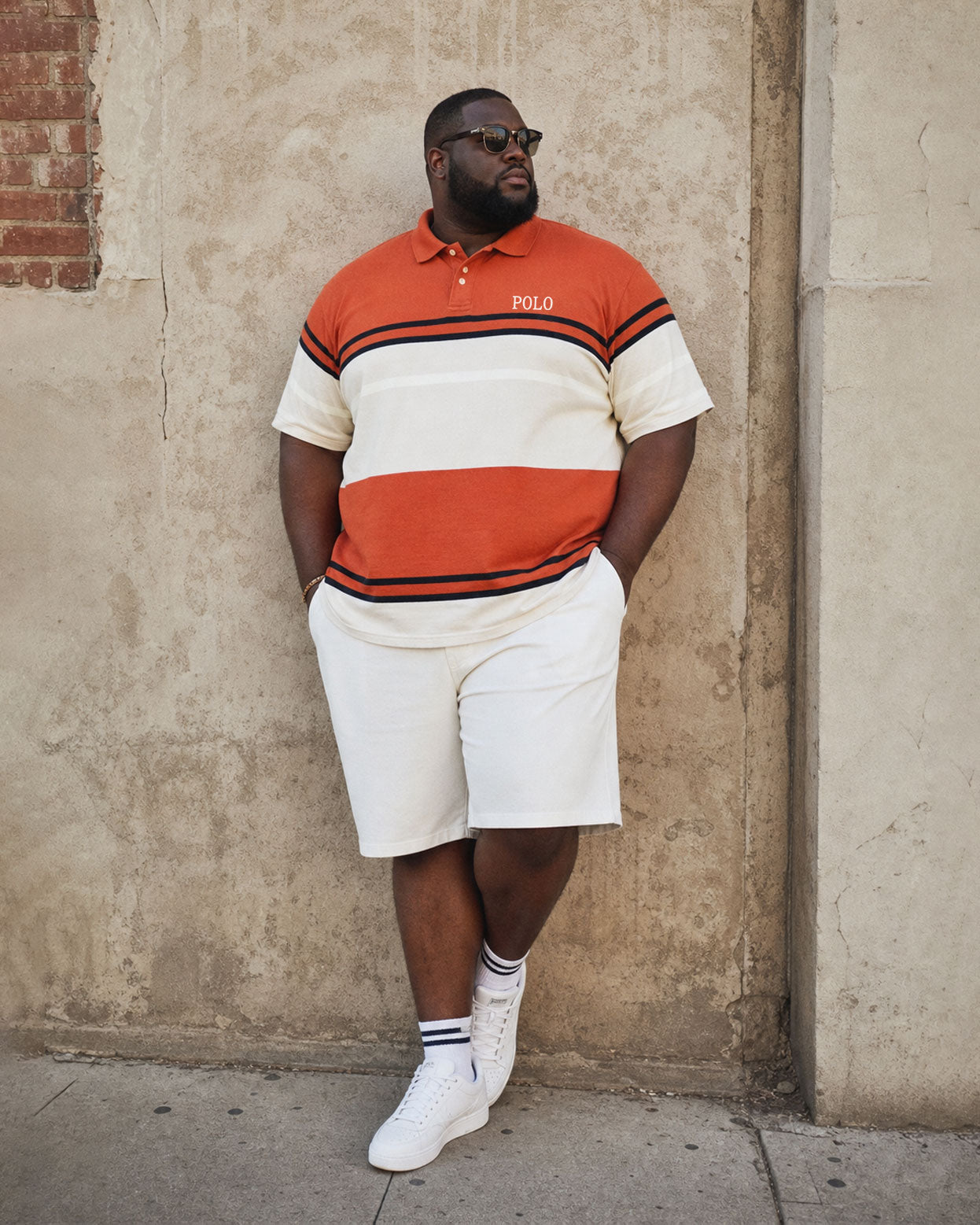 Big & Tall Men's Summer Vacation Hawaii Bright Orange... White Contrast POLO Shirt Short Sleeve Shorts Set
