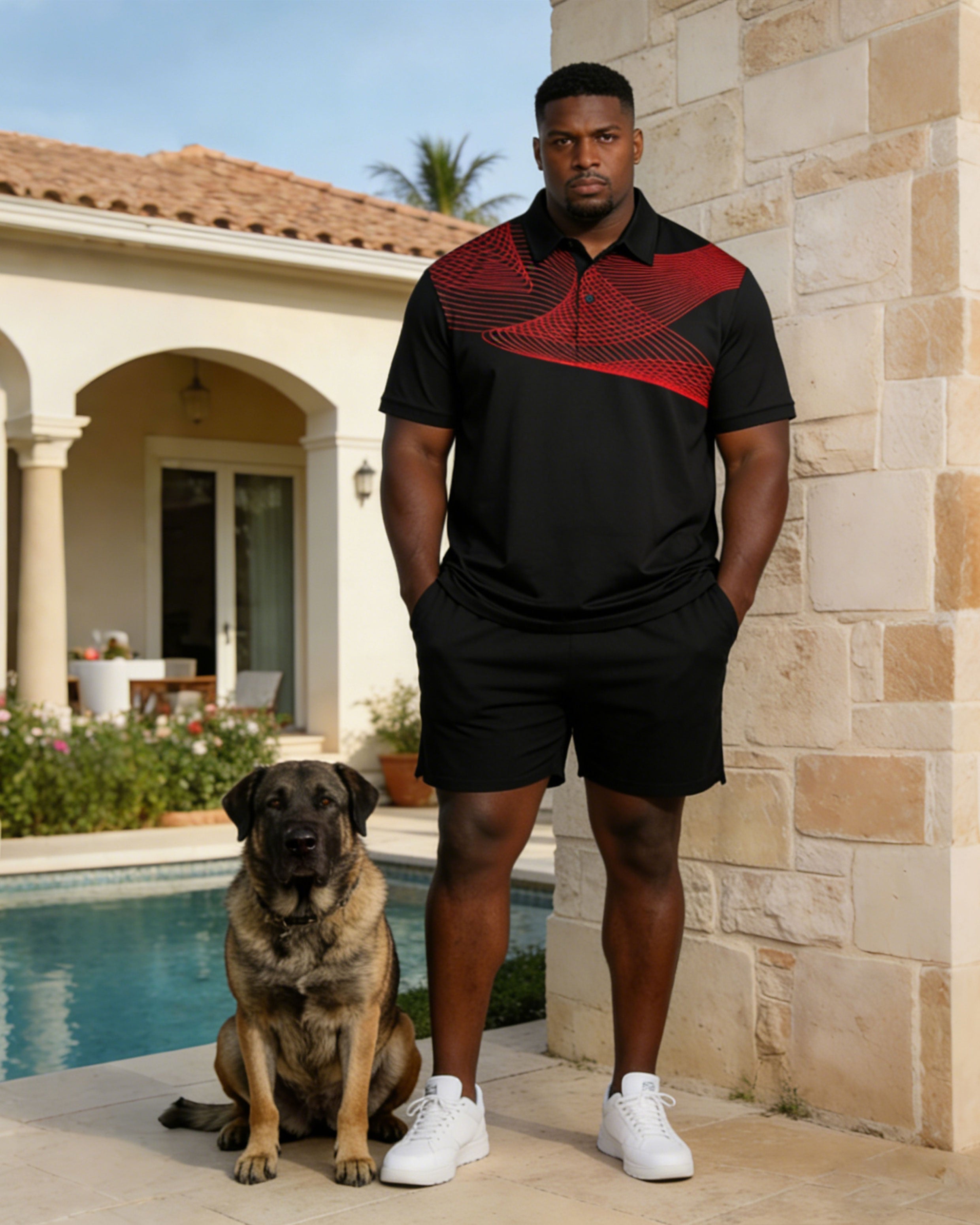 Black Linear Geometric Print Polo Shirt Shorts Set Large Size Men