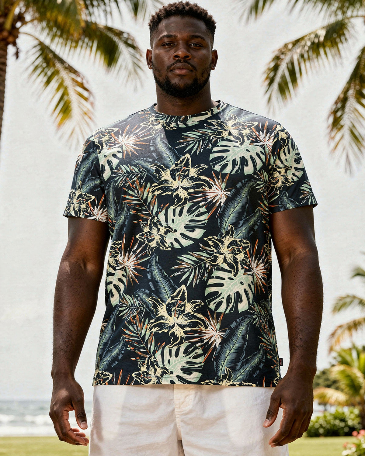 Big & Tall Men's Hawaiian Vacation Big Leaf Full Printed Short-Sleeved T-Shirt