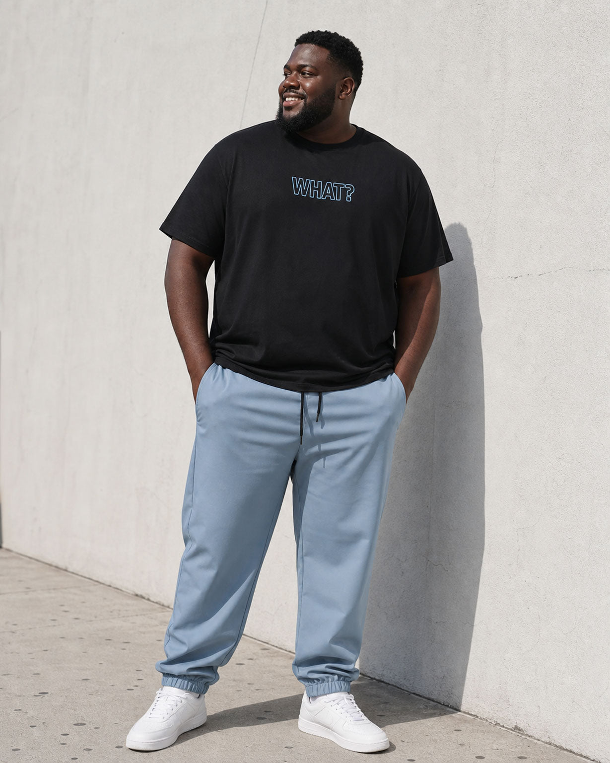 Big & Tall Men's Simple Daily Travel "white?" Front Chest Printed Black & Blue Short Sleeve T-shirt Pants Suit