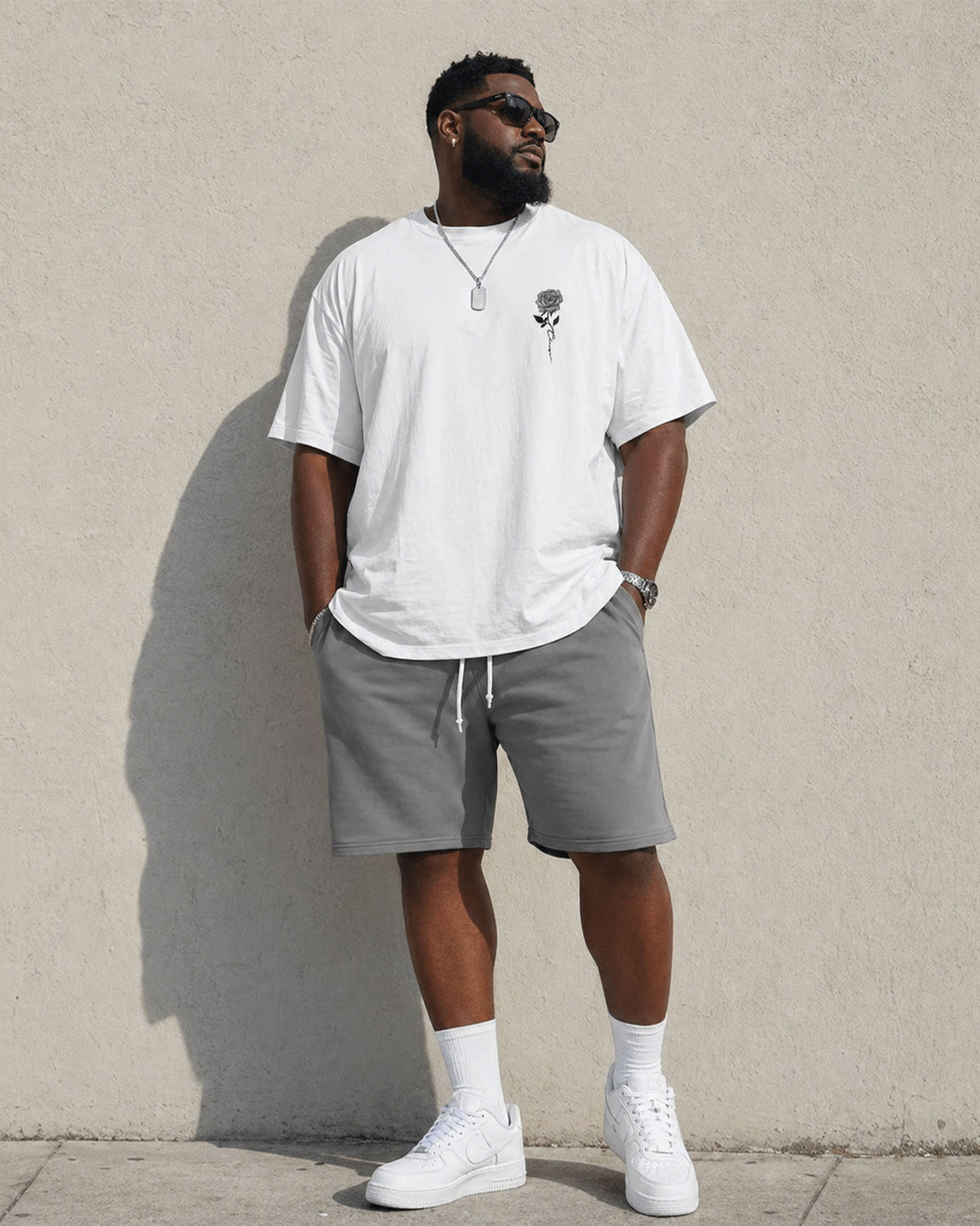 Big & Tall Men's Fashion Street Simple Chest Rose Printed White & Grey Matching T-Shirt Shorts Set