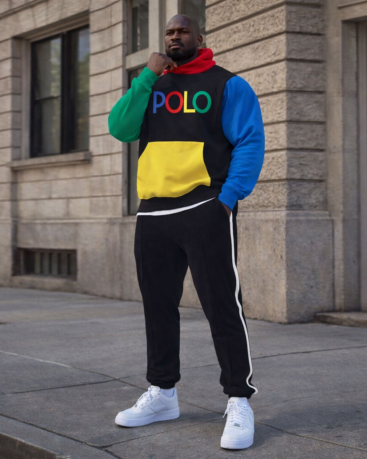 Large Size Men's Autumn And Winter Warm Sleeve Hat Contrast Printed Hoodie Sweatpants Set