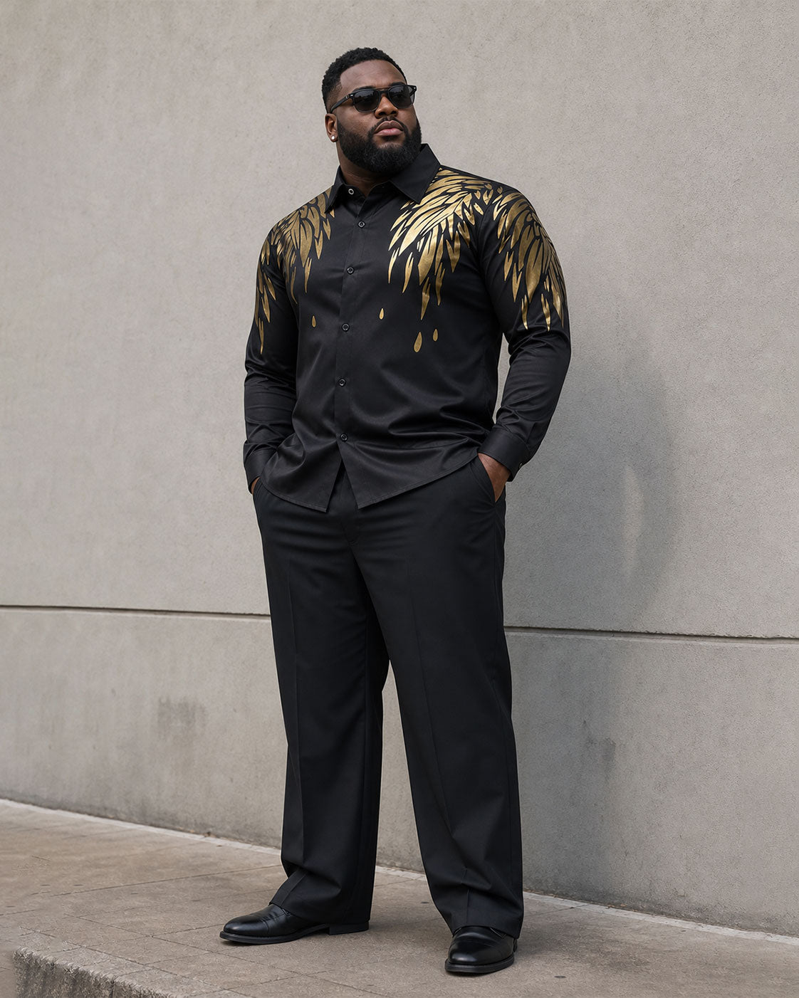 Big & Tall Men's Golden Wings Positioning Printing Business Fashion Long Sleeve Shirt Pants Set