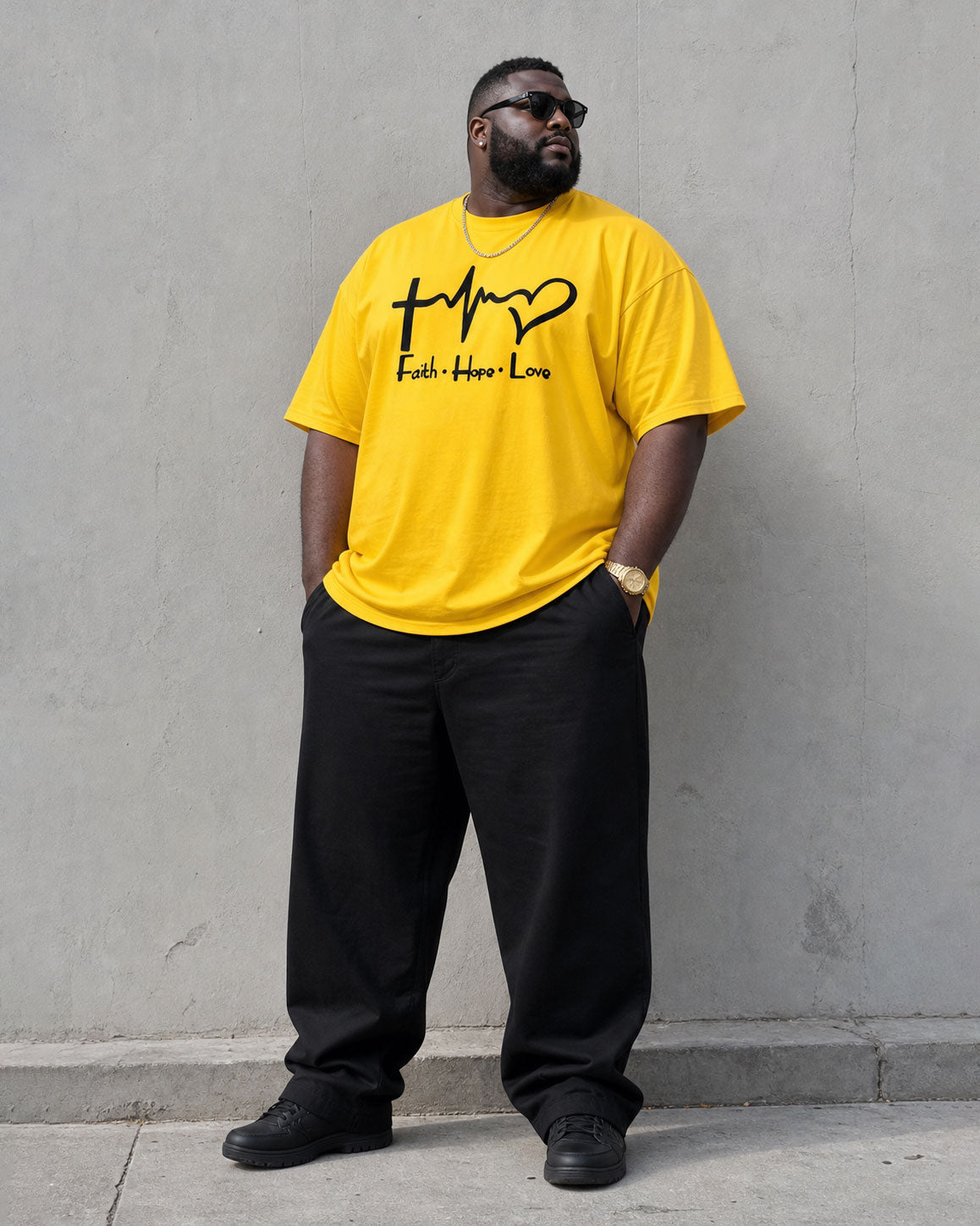 Big & Tall Men's Yellow & Black Chest Large Print With Daily Casual Short Sleeve T-Shirt Sports Pants Set