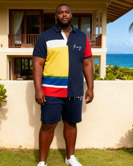 Big & Tall Men's Hawaiian Casual Everyday Vacation Irregular Color-Block Polo Shirt And Shorts Set