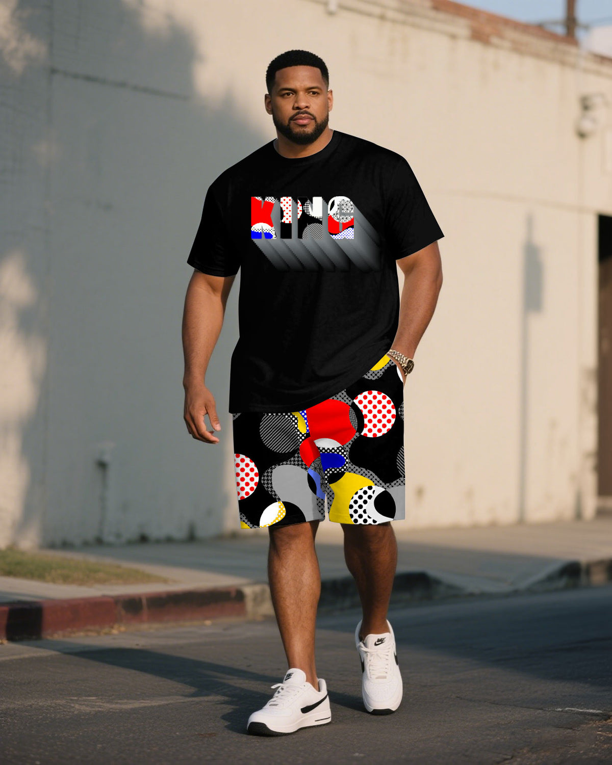 Big & Tall Men' Fashion Street Irregular Color Geometric Short Sleeve T-shirt Shorts Set