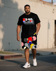 Big & Tall Men' Fashion Street Irregular Color Geometric Short Sleeve T-shirt Shorts Set