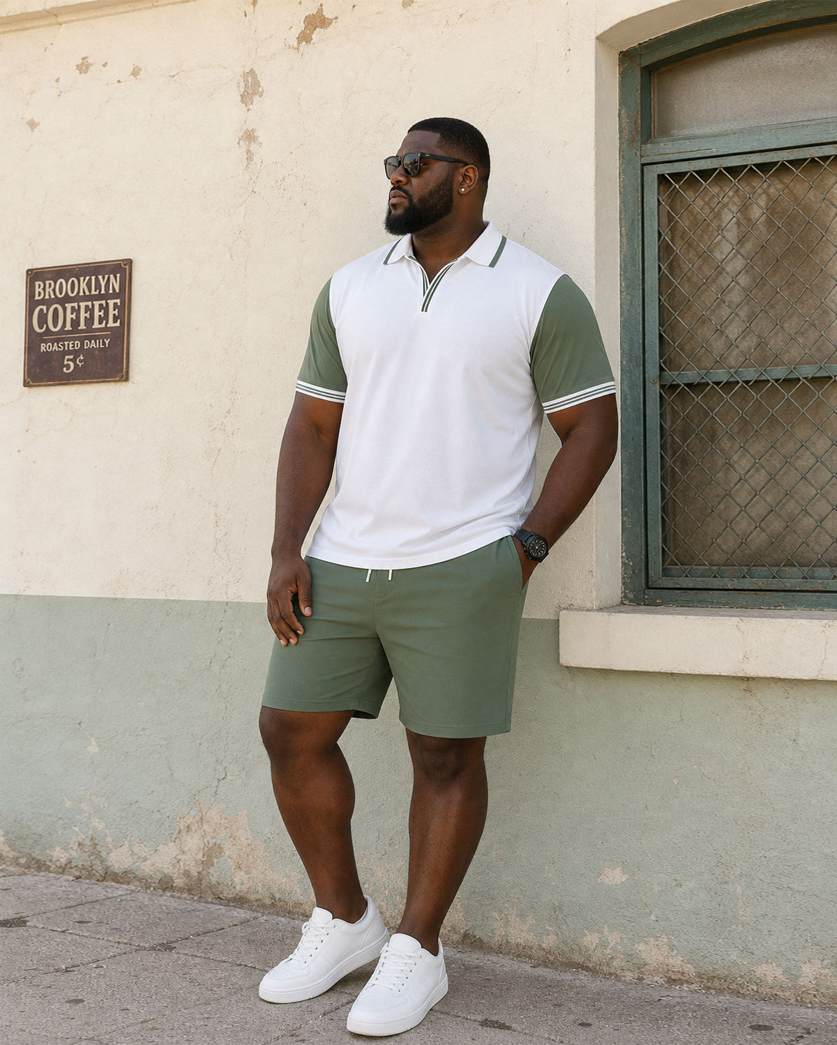 Big & Tall Men's Green & White Collar Sleeve Feature Patchwork POLO Shirt Short Sleeve Shorts Set