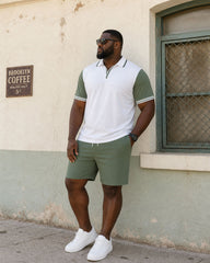 Big & Tall Men's Green & White Collar Sleeve Feature Patchwork POLO Shirt Short Sleeve Shorts Set