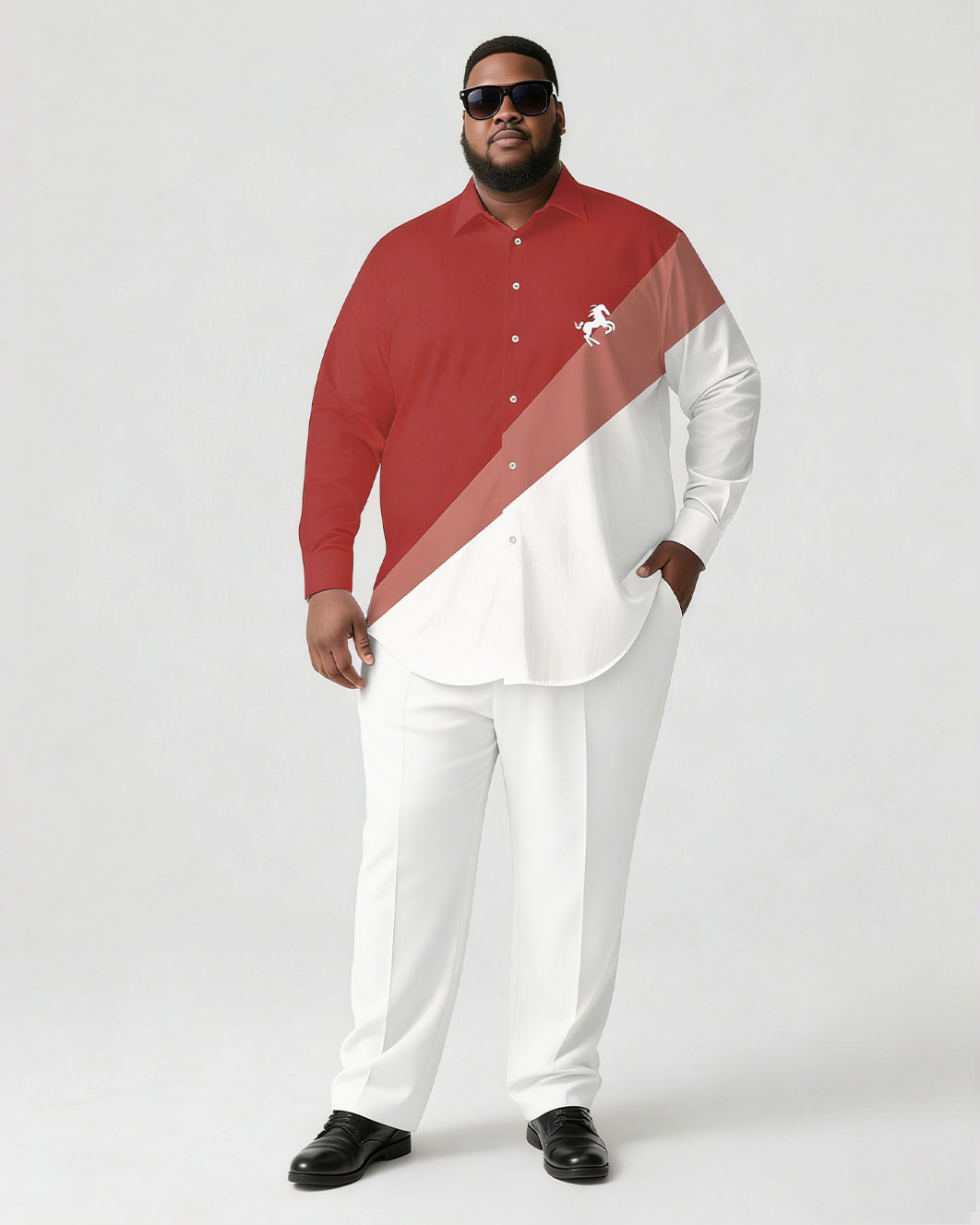 Men's Plus Size Casual Simple White & Black Pony Mark Printed Chest Long Sleeve Shirt Trousers Business Casual Suit