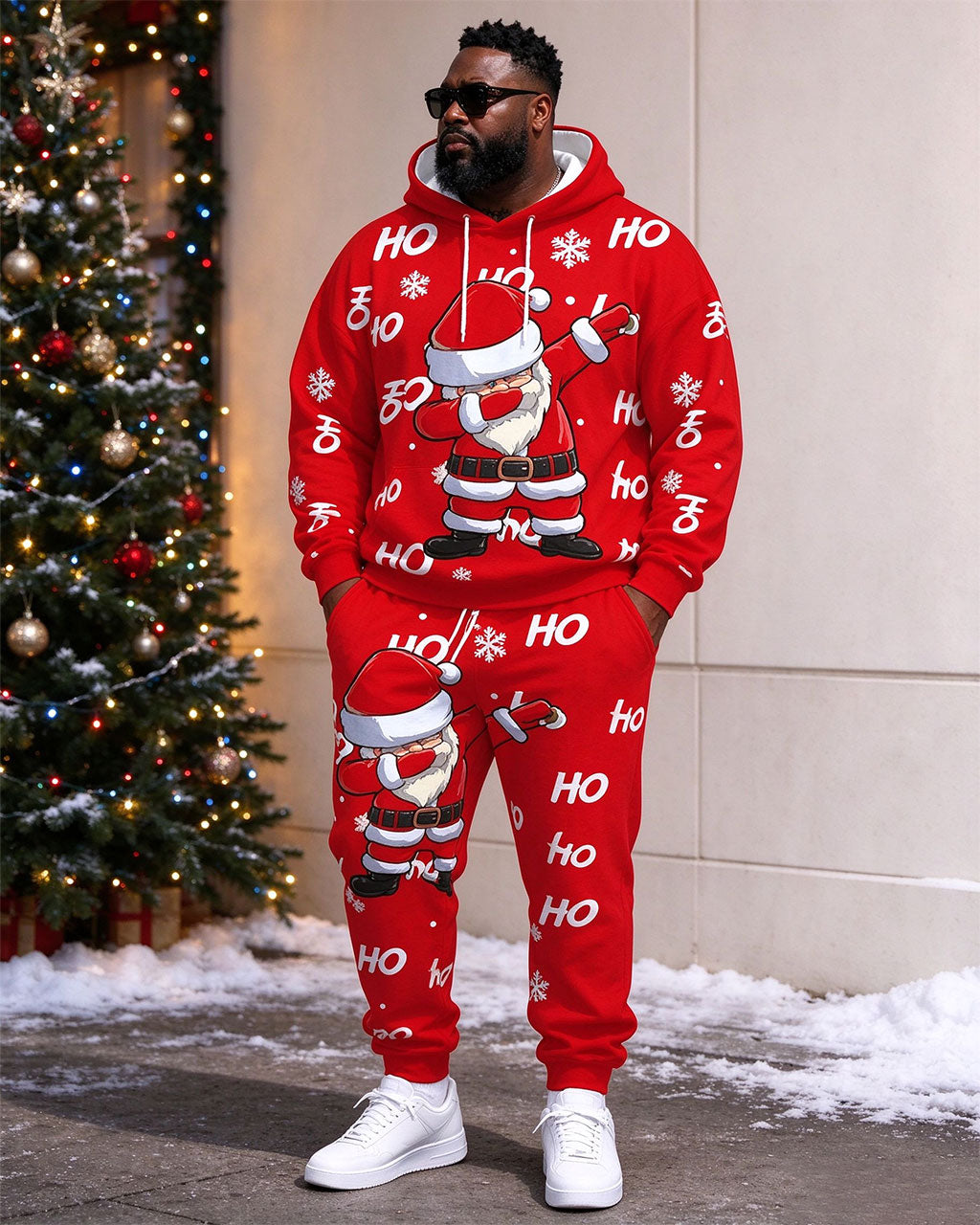 Large Size Men's Autumn And Winter Warm Red Funny Santa Merry Christmas Printed Hoodie Sweatpants Set