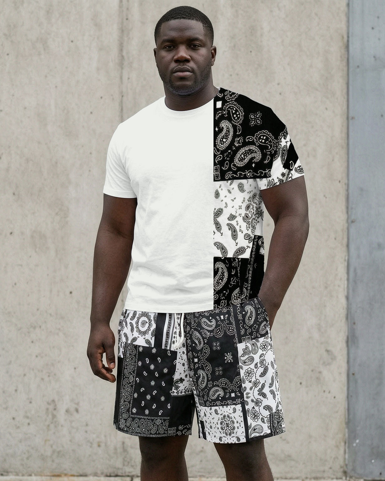 Big & Tall Men' Paisley Stitching Casual Short Sleeve T-Shirt Shorts Set