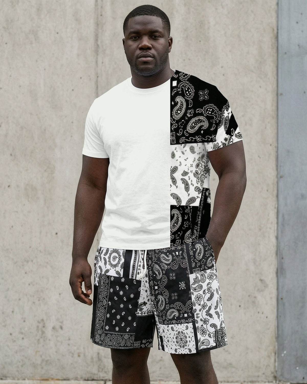 Big & Tall Men' Paisley Stitching Casual Short Sleeve T-Shirt Shorts Set
