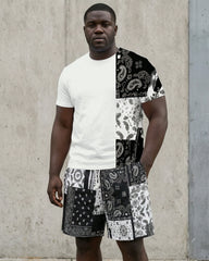 Big & Tall Men' Paisley Stitching Casual Short Sleeve T-Shirt Shorts Set