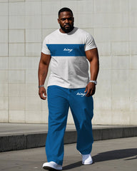 Men's Plus Size Street Blue & White Chest Color "king" Slogan Printed Short-sleeved T-shirt Pants Suit