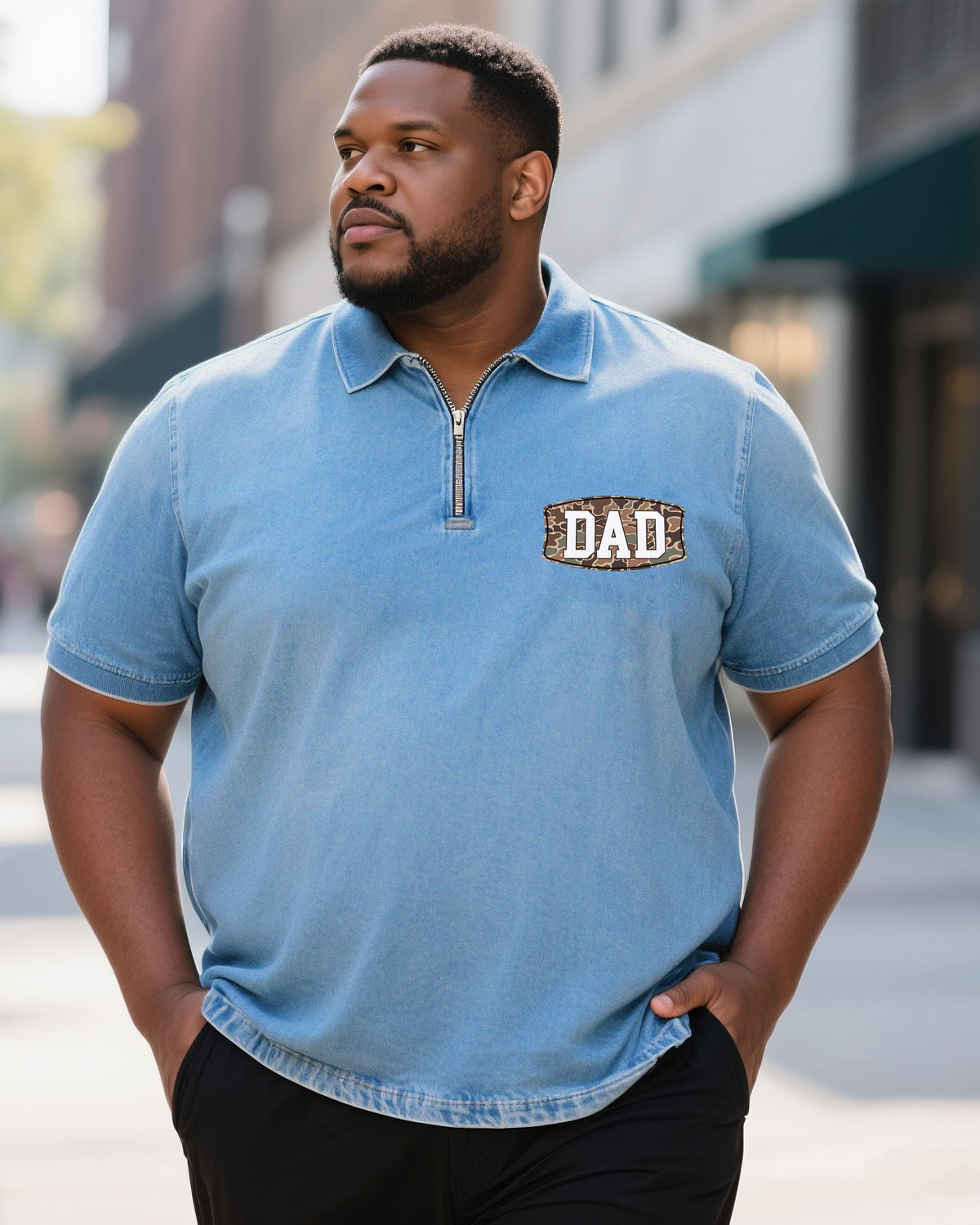 Big Men's Father's Day Washed Denim Short Sleeve Zipper Polo Shirt