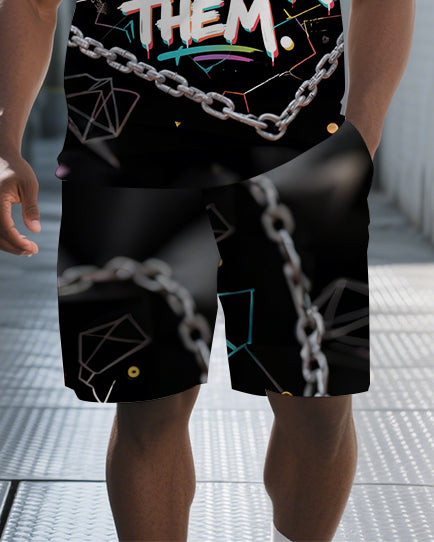 Big Men's PRISON Artistic Letter Chain Graffiti Short Sleeve Polo Shirt and Shorts Set
