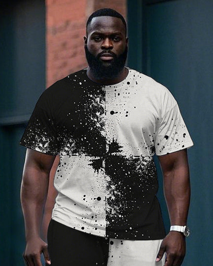 Big Men's Artistic Square Splicing Ink Spash Black & White Printed Short Sleeve T-shirt Pants Set