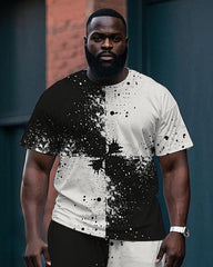Big Men's Artistic Square Splicing Ink Spash Black & White Printed Short Sleeve T-shirt Pants Set