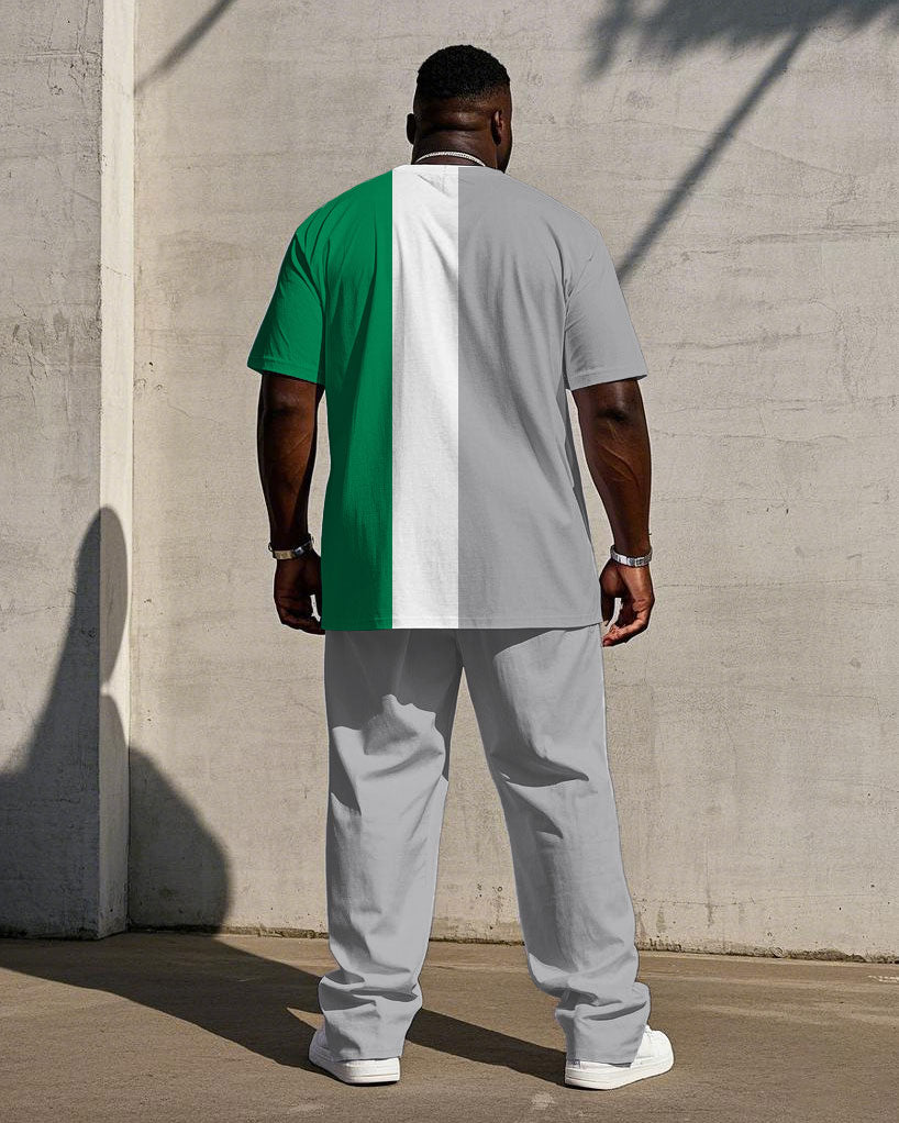 Big & Tall Men's Summer Grey & White & Green Colorblock Loose Short-sleeved T-shirt Trousers Suit