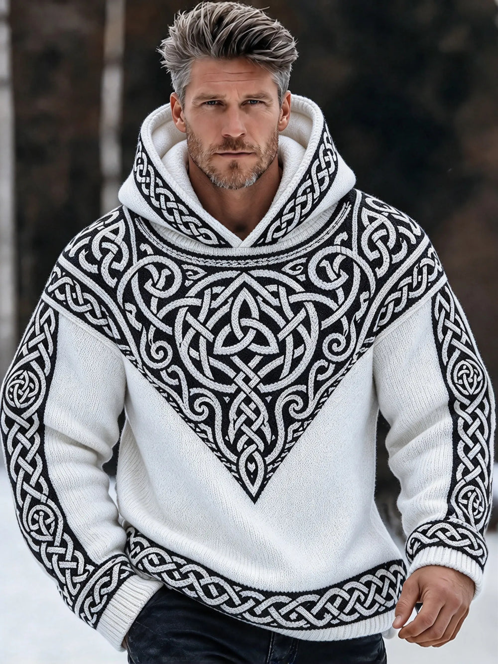 Men's Retro Viking Tribal Celtic Printed  Knit Hooded Sweater